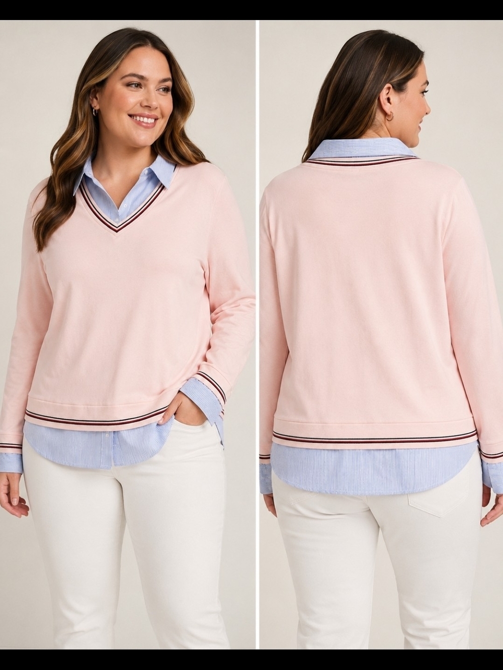 Tommy Hilfiger Light Pink V-Neck Sweater with Striped Trim